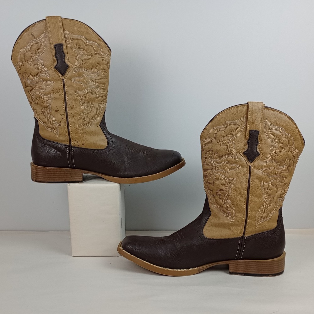 Roper Mens 12 Brown Tan Faux Leather Western Cowboy Square Toe Stitched Boots